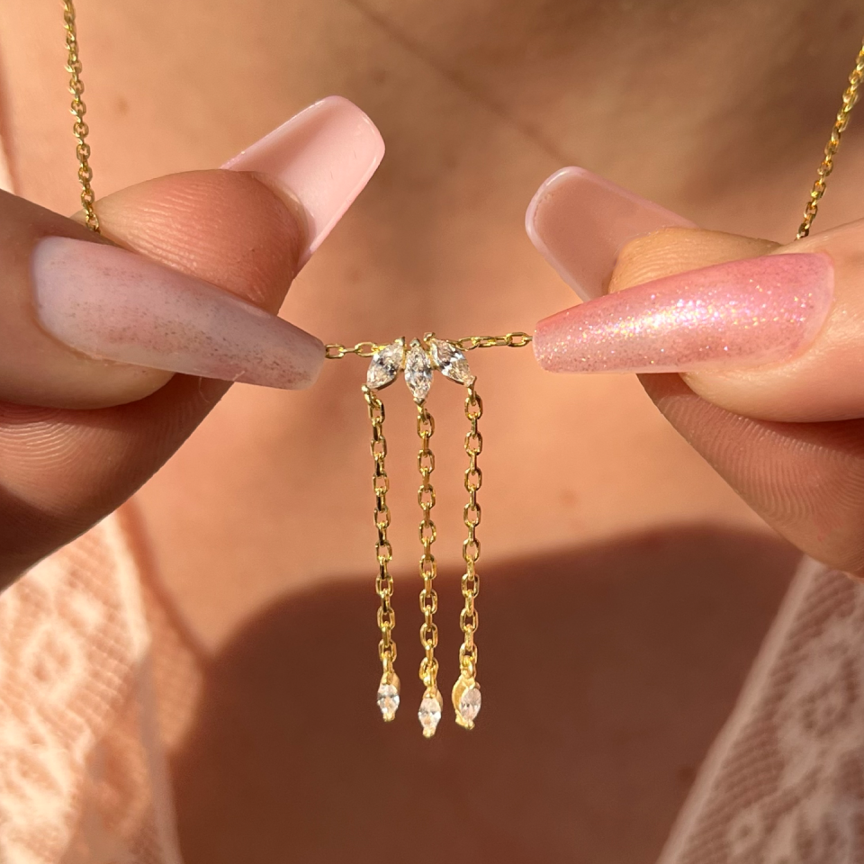 925 Üçtaş Sarkıt Kolye Gold